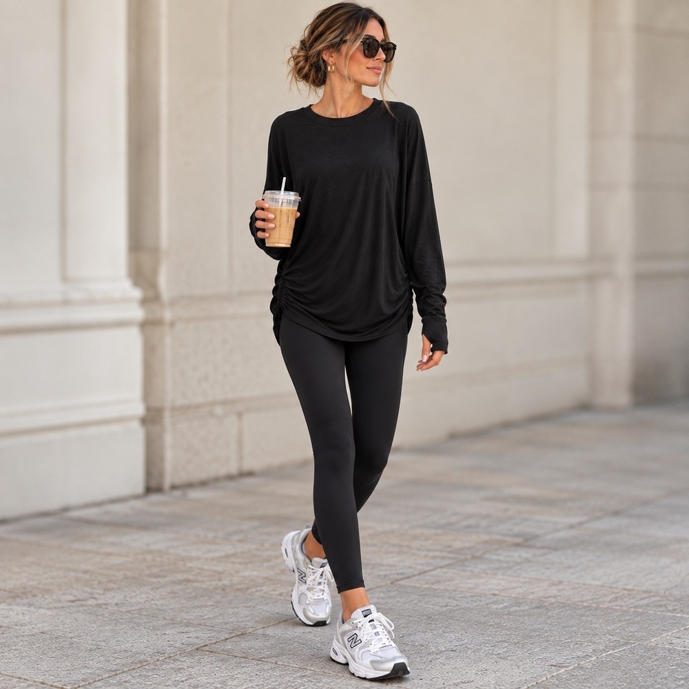Athleta Ruched Sweatshirt M Black Oversized Modal Tunic Athleisure Yoga